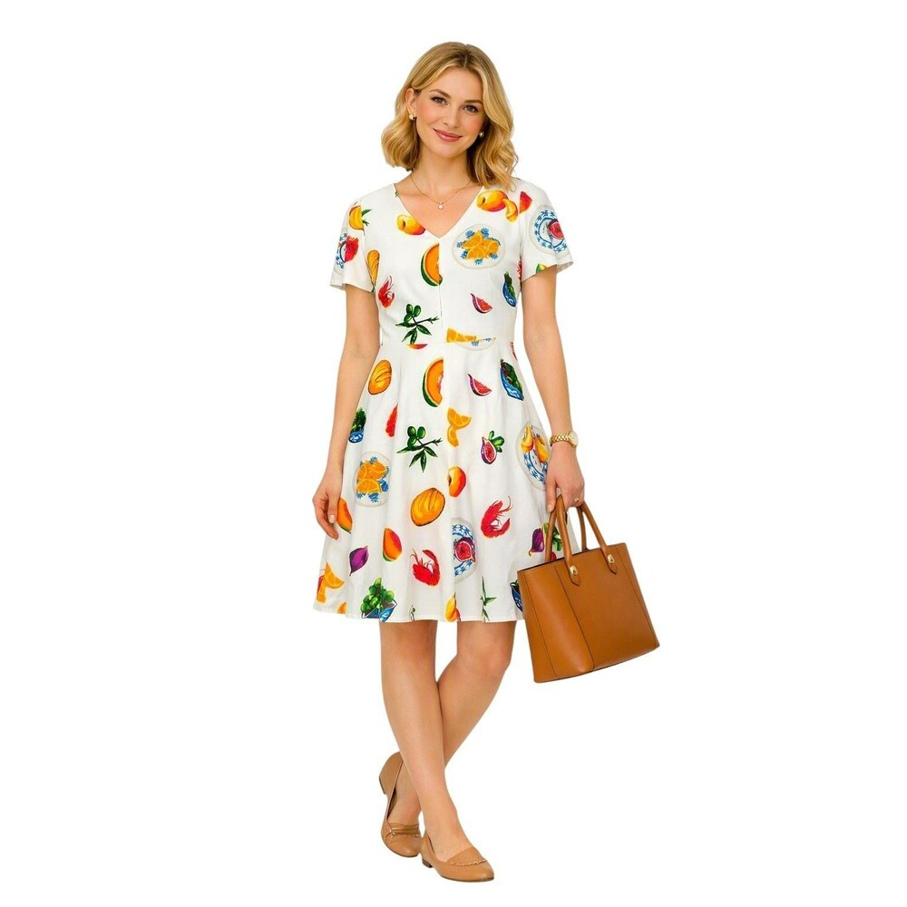 J.Crew Fruit Print Dress Size 6 Linen Blend Quirky Fit Flare Resort Teacher Twee